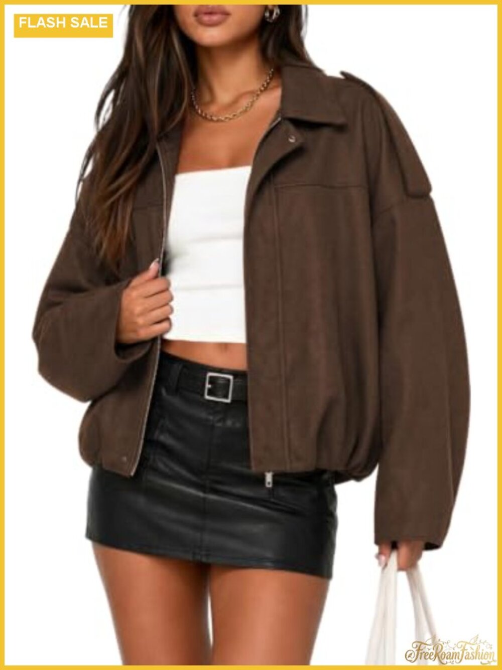 Oversized Faux Suede Bomber Jacket Batwing Sleeve Zip Up Women's